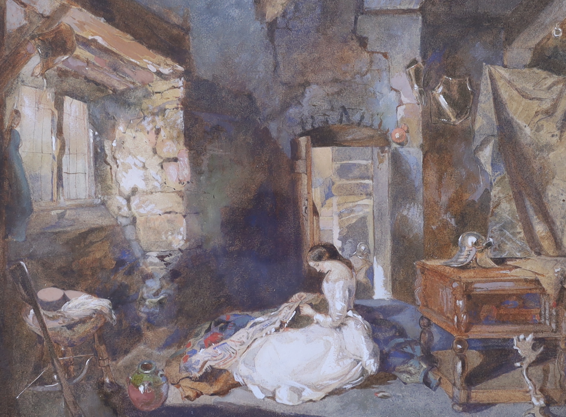 19th century English School, watercolour, Swiss cottage interior with a seated girl repairing a rug, unsigned, 28 x 39cm